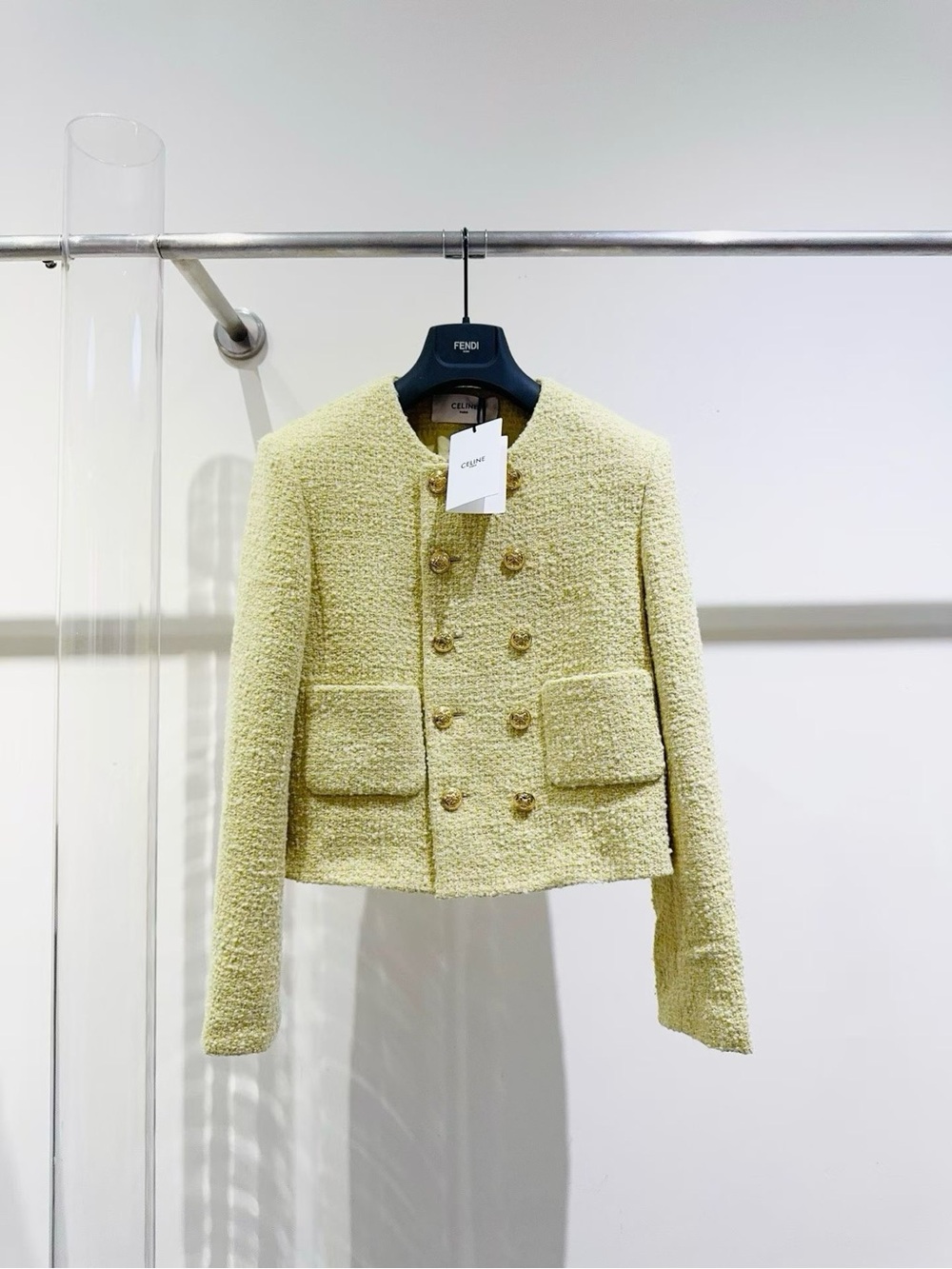 Celine Pale Yellow Bouclé Cropped Double-Breasted Jacket